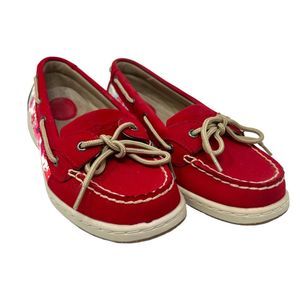 Bass Marina Boat Shoes 6.5 M womens floral sides red leather canvas slip on